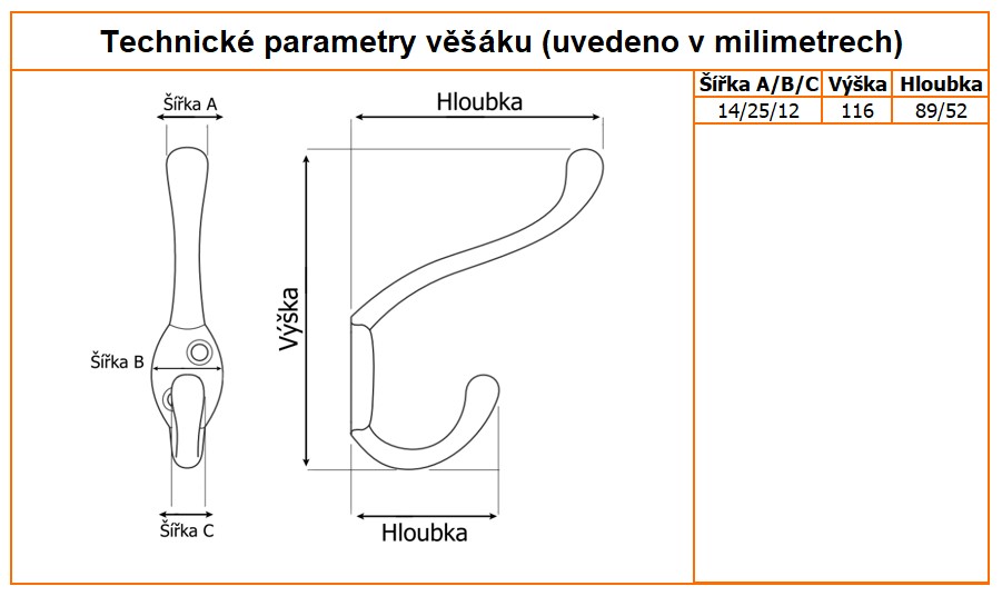 Nabytkovy vesak Gala velky technicke parametry